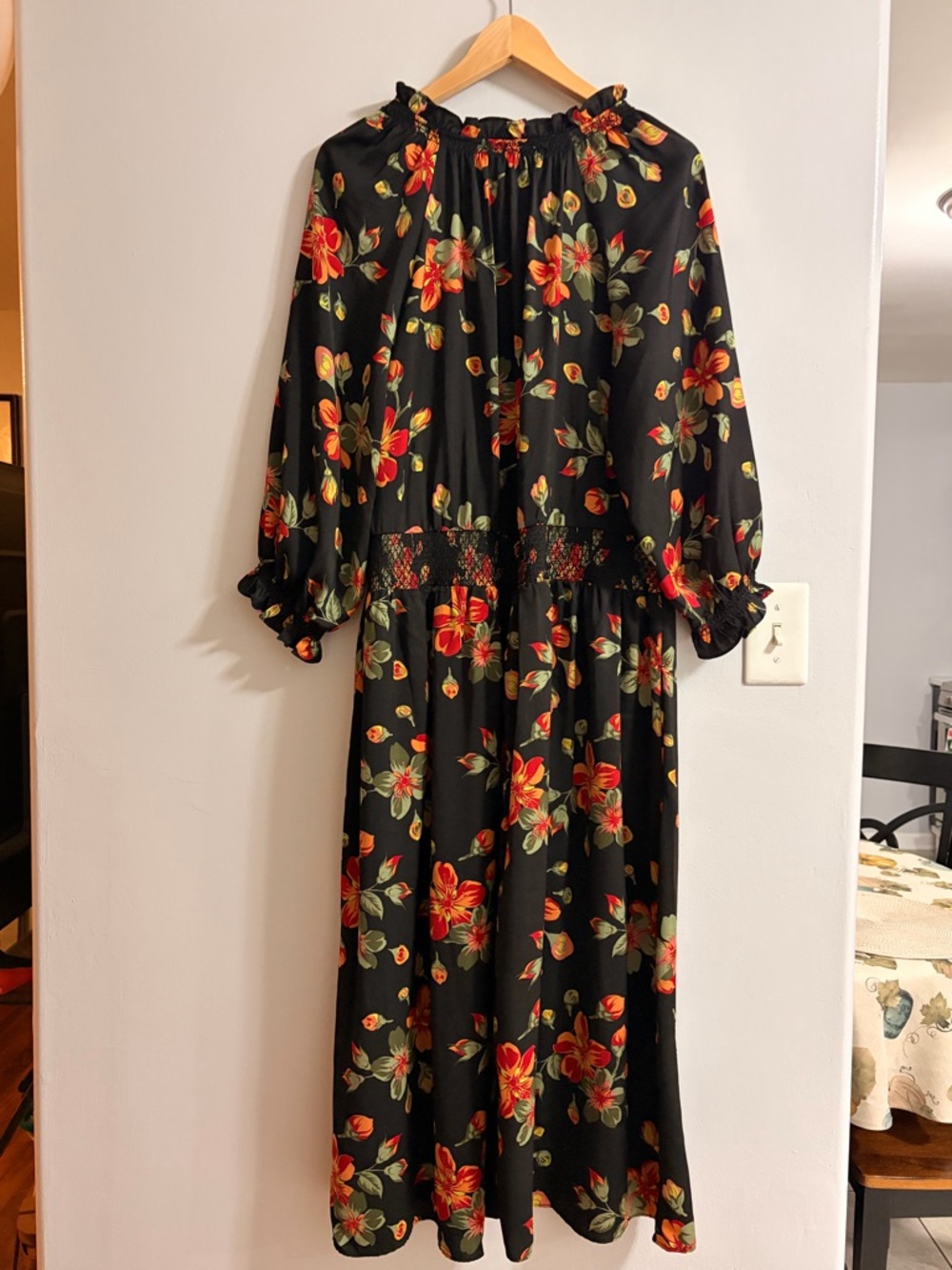 Terra & Sky Black Maxi Dress with Red and Green Floral Print